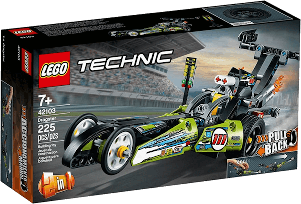 LEGO Technic set 42103 Dragster was released in 2020 featuring 225 pieces.