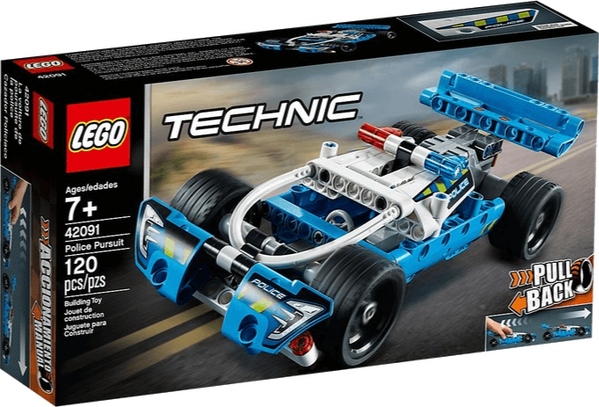 LEGO Technic set 42091 Police Pursuit was released in 2018 featuring 120 pieces.